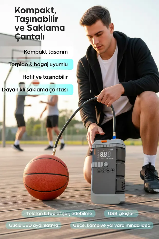 4-in-1 Şarjlı Akü Takviye Cihazı Uyumlu – 12000 mAh , 1200A , Lastik Pompası, Powerbank , LED Işık